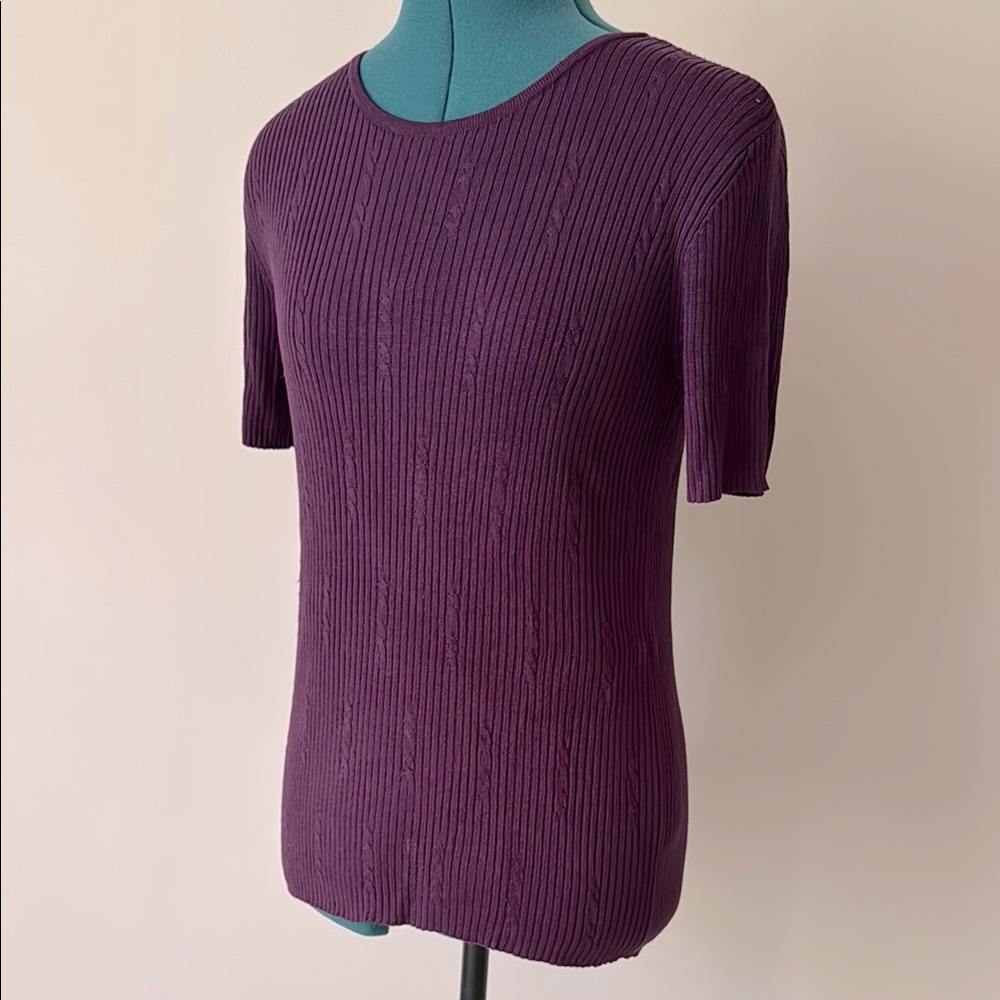 VTG Nordstrom 100% Silk Lightweight Short Sleeve Cable Sweater in Purple | Sz L